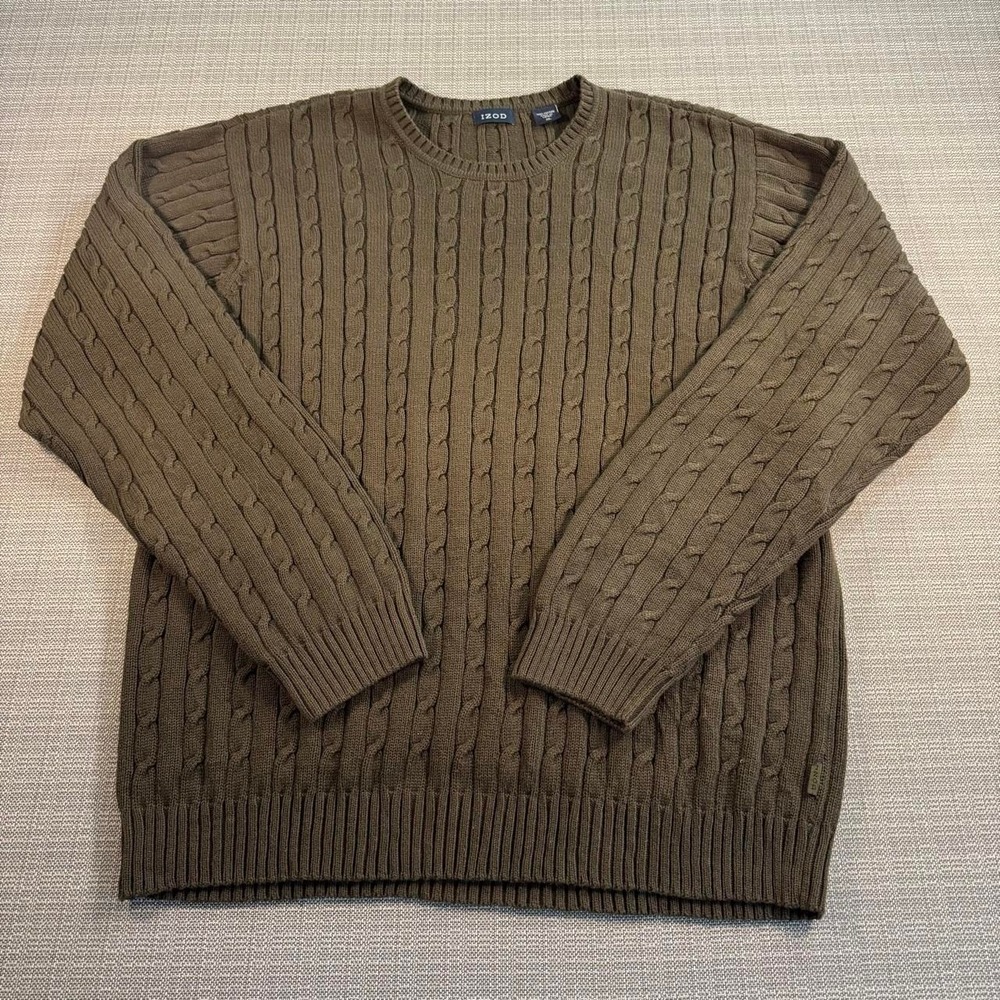 Izod Khaki Green Cable Knit Cotton Sweater Men's Size XL